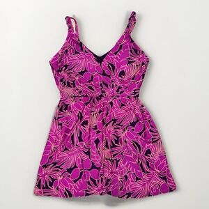 Lands End Womens Large 14-16 Wrap Swim Suit Dress Pink Tropical One Piece Modest